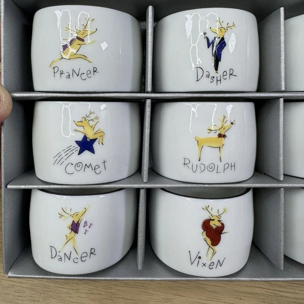 Pottery Barn Reindeer Christmas Napkin Rings‎ Set of 9 Made in Japan In Box